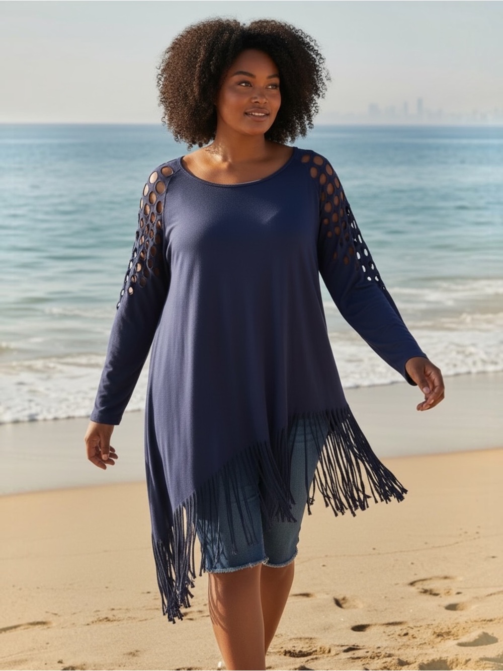 Navy Blue Asymmetric Fringed Hem Cut-Out Shoulder Long Sleeve Tunic Sz 2X